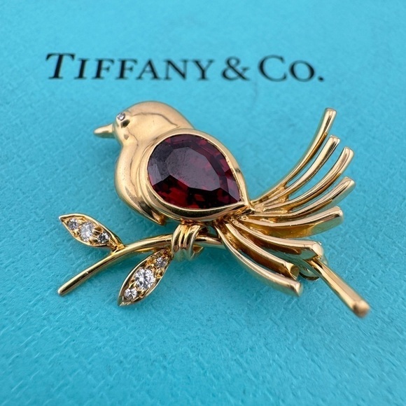Tiffany & Co. Jewelry - Vtg. Tiffany & Co. Garnet Bird Brooch 18k Yellow Gold 1988